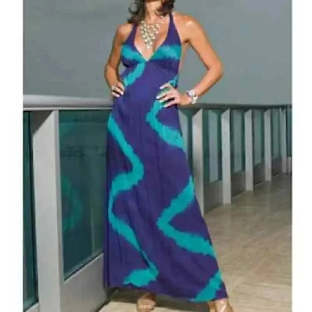 Alice + Olivia Purple and Teal Halter Maxi Dress